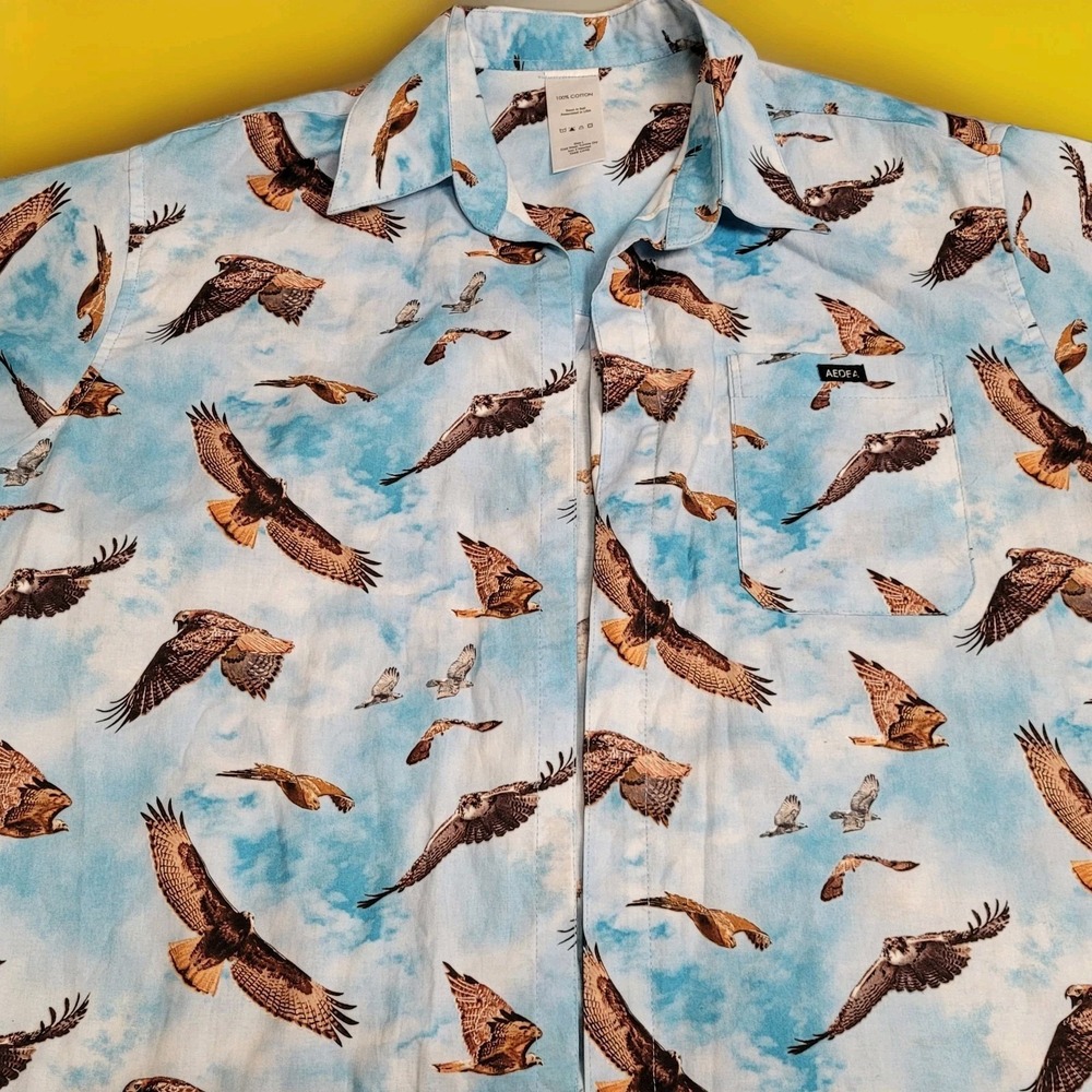 🦅ADEA Shirt Mens L Blue Buttonless Front Hawk Raptor Bird Print Resort Made USA